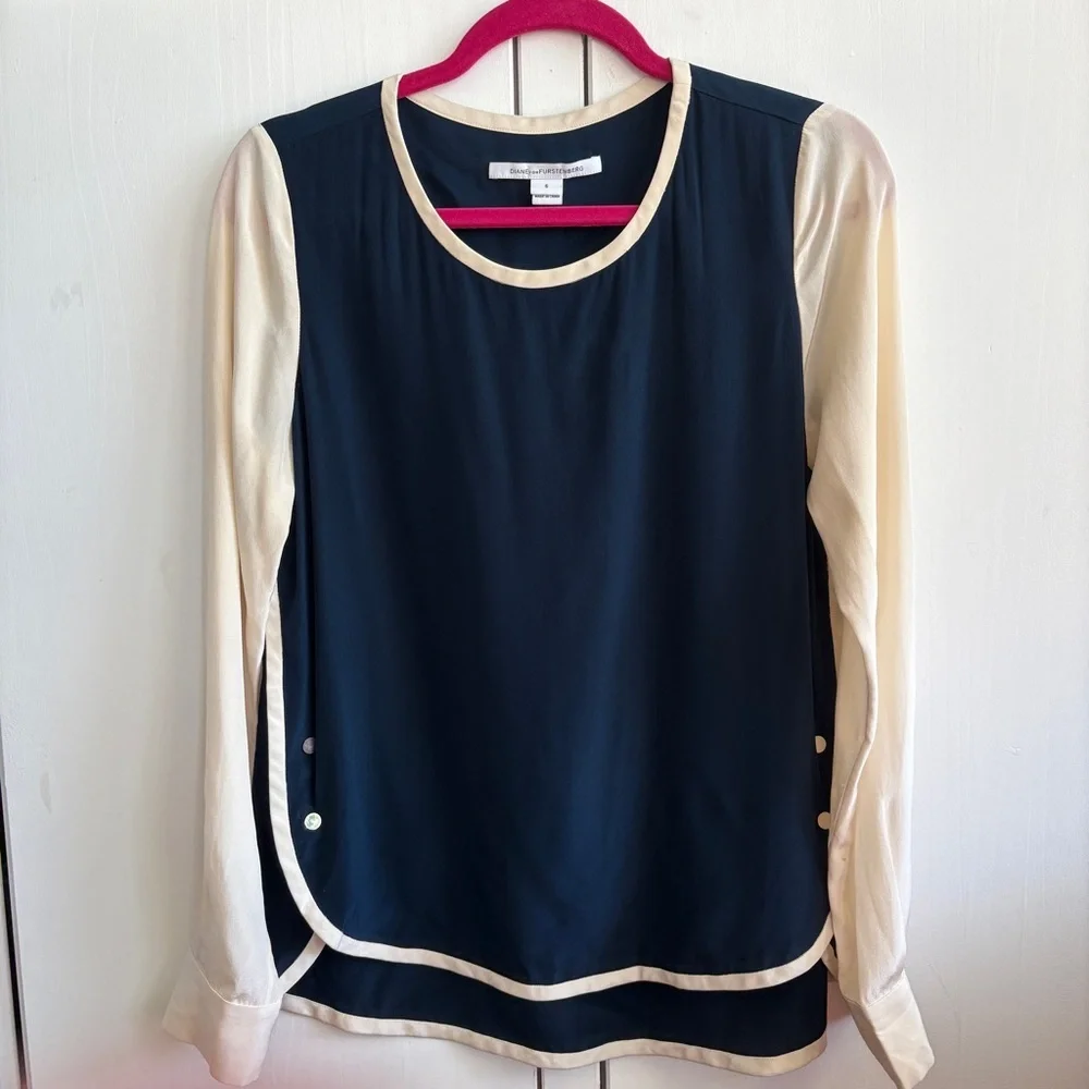 Diane Von Furstenberg sz 6 silk navy Tabatha color block blouse tunic top - Picture 2 of 8